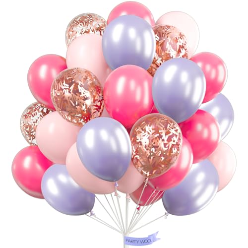 Image of PartyWoo Pink and Purple Balloons 60 pcs 12 Inch Light and Hot Pink Rose Gold Confetti Balloons for Graduation Wedding Baby Shower Gender Reveal Butterfly New Year Birthday Party Decorations