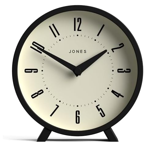 JONES CLOCKS® 'Venus' Desk Clock - Modern Round Design in Black, Stylish Retro Look for Shelf, Table, Mantel or Bedside Cover