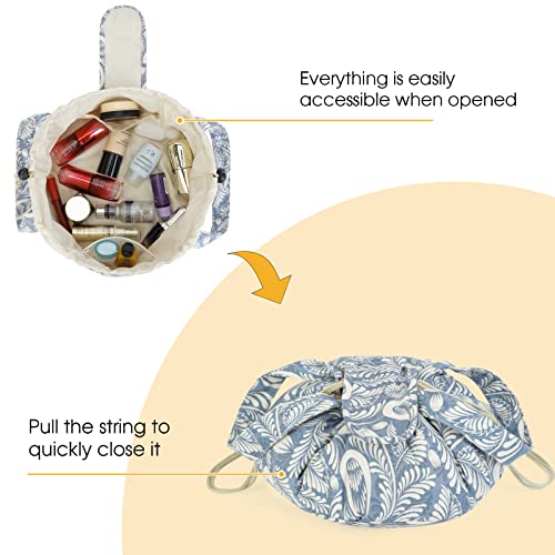 Barrel Drawstring Makeup Bag Large Cosmetic Bag Toiletry Organizer For Women (Blue Leaf) #TOP2