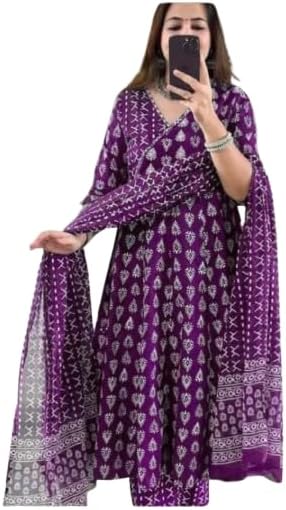 Womens Cotton Hand Block Printed Anarkali Printed Kurta with Pant & Dupatta