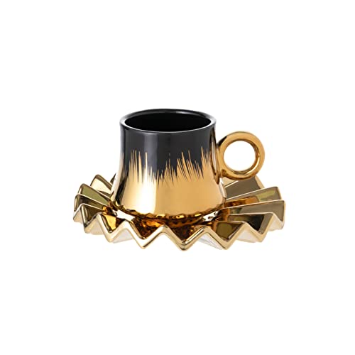 Gloxzy Premium Ceramic Coffee Cup Set Of 6 With Saucers And Tray (3.5Oz/100Ml) Turkish Arabic Greek Japanese, Perfect Cups For Espresso Cappuccino Latte Mocha Tea Gift - Black/Gold #TOP2