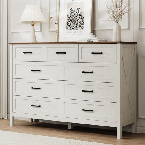 LYNSOM Farmhouse 9 Drawer Dresser for Bedroom, 55 Inch Wide Wood Rustic...