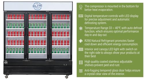 Elite Kitchen Supply Commercial 3 Glass Door Merchandiser Refrigerator, ETL Display Fridge Cooler, 3 Section Upright, 78\" W 69.43 cu. ft. Fan Cooling
