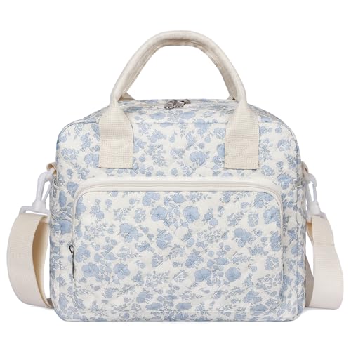 WOBAGMEN Quilted Lunch Box for Women, Insulated Lunch Bag for Adult,Cute Lunch Tote Bags for Work Picnic Travel (Blue Floral,M)