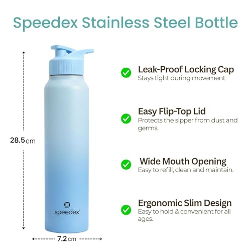 Image of Speedex Stainless Steel Metal Water Bottle 1 Ltr 1000 ml, BIS Approved, Leak Proof Sipper Cap Bottle for Office, School, Gym, Travel, Daily Use for Men, Women, Kids, Adults, Dual Blue, Set of 3