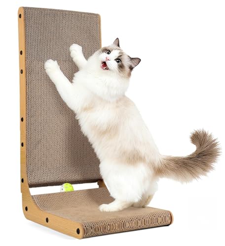 SKY-TOUCH L Shape Cat Scratcher Large 26.8 Vertical Cat Scratchers with Ball Toy Cardboard Scratch Pad for Indoor Cats Wall and Couch