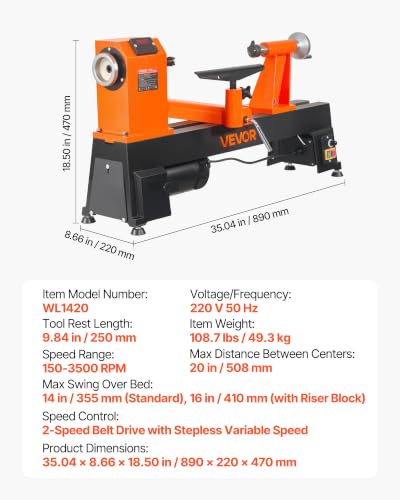 VEVOR 1HP 14x20 Variable Speed Lathe