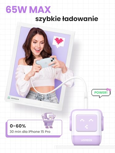UGREEN Uno USB C Charger 65W USB C Power Supply 3-Port Fast Charger LED Display kompatybilny z MacBook Pro/Air, iPad, iPhone 15 Pro Max, Galaxy S24 Ultra, Steam Deck (fioletowy)