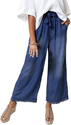Valphsio Women&#39;s Baggy Wide Leg Jeans Tie Waist Chambray Culottes Tassel Pants Crop Length