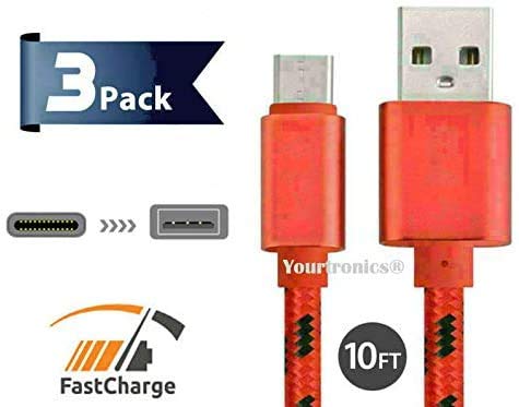 3 Pack 10FT Braided Type C Fast Charging Cable USB-C Charger Power Cord Rapid Charge for Samsung Galaxy A32/A32 5G/S8/S9/S10/S10e/5G/Note/8/9/A10e/A20/A50/A70/A90/A21/A51/A71/A91 (Red)