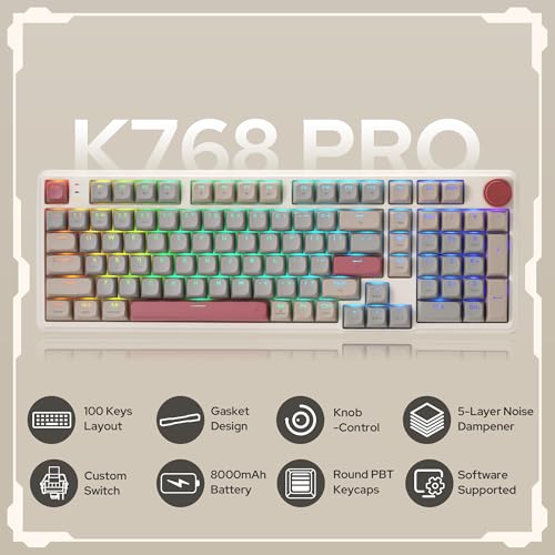 Image of Redragon K768 PRO 100 Keys Wireless Gasket RGB Gaming Keyboard, Massive 8000 mAh PBT Mechanical Keyboard w /Hot-Swap Socket, Dedicated Knob Control & 5-Layer Noise Dampening, Custom Yolk Linear Switch