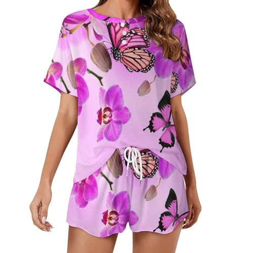 Pyjama femme manches courtes fleurs papillons contre la chaleur
