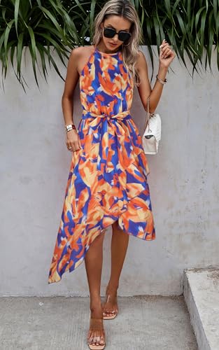 Image of ECOWISH Polka Dot Women Summer Dresses Casual Midi A Line Ruffle High Low Sleeveless Boho Floral Halterneck Cocktail Sundress