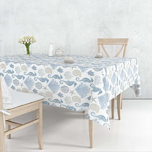 Coastal Fabric Tablecloth Nautical Seahorse Coral Print Waterproof Table Cloth For Rectangle Tables Beach Seashell Starfish Decor For Kitchen Dining Room Oblong Table Covers,60X84 Inches, Blue White #TOP1