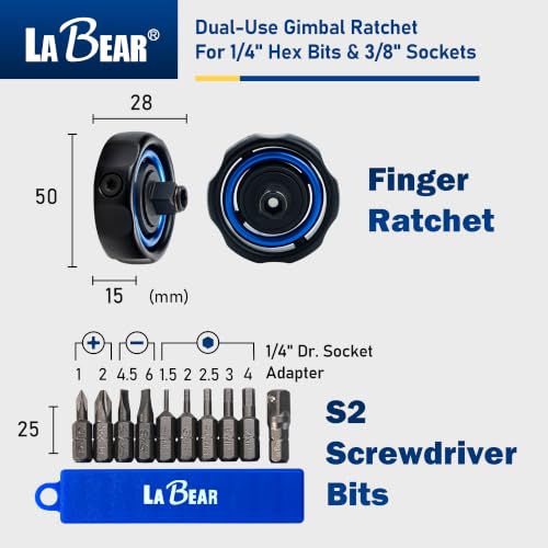 Image of LABEAR 360 Dual-Use Finger Ratchet, 3 /8 inch Drive & 1 /4 inch Hex Bit | Pocket-size control, dual-direction thumb switch, 5 swing arc, S2 steel tips, magnetized fit, compact blue storage holder