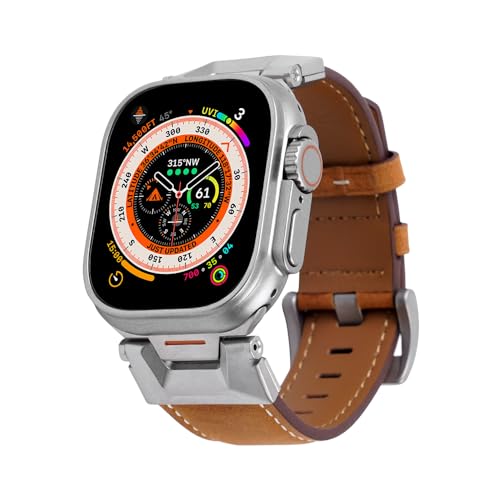 Compatible with Apple Watch Ultra 2/1 Band 49mm 45mm 44mm 42mm Men Women, Leather iwatch Ultra Series 9/8/SE/7/6/5/4/3/2/1 Rugged Stainless Steel Metal Connector Armor Designed Strap