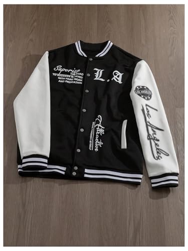 GORGLITTER Men's Letter Graphic Button Varsity Letterman Jackets Vintage Long Sleeve Bomber Jacket Coat3