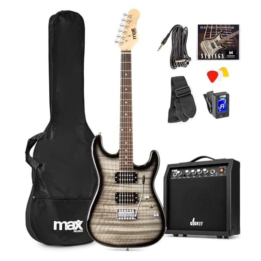 Max GigKit kit guitarra electrica Quilted para principiantes con amplificador de 40W, afinador digital, correa, funda, púas y juego de cuerdas de recambio - Color negro y gris