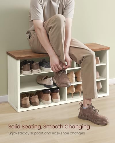 Image of VASAGLE Shoe Bench, Storage Bench, 6 Compartments, Adjustable Shelves, for Living Room, Entryway, Dorm, 11.6 x 39.4 x 19.7 Inches, Rustic White and Honey Brown ULSB036W02