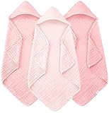 Muslin Hooded Baby Bath Towels - 3 Pack 100% Cotton Ultra-Soft Towels for Newborns, Infants, Toddlers - 32x32 Inch - Highly Absorbent, Quick-Dry Essentials for Bath Time, Beach, Pool, Pink Series