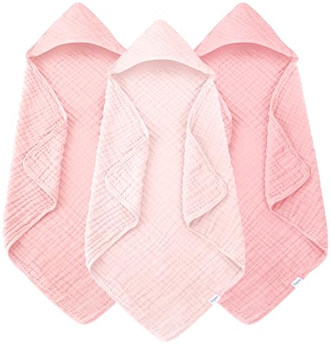 Muslin Hooded Baby Bath Towels - 3 Pack 100% Cotton Ultra-Soft Towels for Newborns, Infants, Toddlers - 32x32 Inch - Highly Absorbent, Quick-Dry...