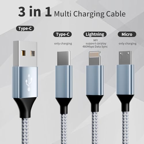 Image of IDISON Multi Charging Cable(3Pack 4FT), 3 in 1 Charging Cable Nylon Braided Multiple USB Cable Universal Charging Cord with Type-C, Micro USB and IP Port for Cell Phones and More