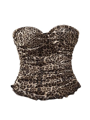 SHENHE Women's Leopard Print Mesh Tube Twist Front Strapless Ruched Sexy Y2k Tube Tops Brown Medium