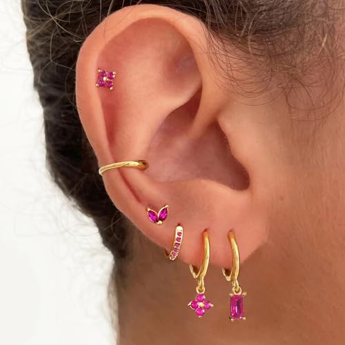 Earring Sets for Multiple Piercing Small Gold Earring Stack 14K Gold/Silver Plated Huggie Hoop Earrings for Women Hypoallergenic Cartilage Stud Gold and Green Earring Set4