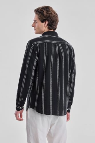 Image of SNITCH Men Casual Shirt for Smart & Everyday Wear | Regular Fit Full Sleeve Point Collar Striped Pattern | Breathable Cotton Blend Fabric for All Day Comfort | Black
