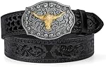 LEACOOLKEY Western Cowboy Ceinture en cuir Longhorn Bull Buckle Ceintures 1.5" Large ceinture en cuir gravé floral pour homme