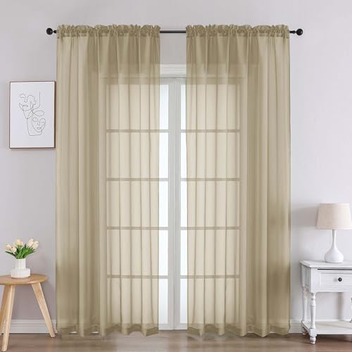 Image of Chyhomenyc Taupe Sheer Curtains 84 Inches Long 2 Panels, Light Filtering Taupe Curtains for Living Room, Soft Gentle Voile Rod Pocket Bedroom Window Drapes, 59Wx84L Inch, 2PCS