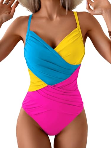Image of B2prity Women's One Piece Swimsuit Tummy Control Criss Cross Slimming Bathing Suit Full Coverage Swim Suit V Neck Swimwear