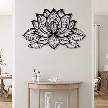 Jogwenu Lotus Flower Metal Wall Art, Metal Lotus Flower Wall Decor, Moon Floral Wall Hanging, Yoga Wall Decor, Meditation Wall Art, Zen Bedroom Living Room Wall Decoration (Silver, 24"x16"/60x40cm