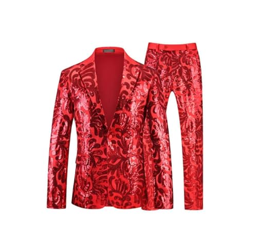 Men Party Sequined Suits Singer Host Dance Party Performance Dress Floral Blazers and Pants Red L