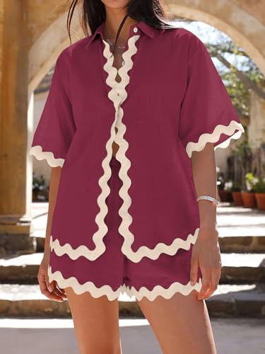 Image of Danedvi Womens 2 Piece Outfits Beach Vacation Summer Short Sleeve Button Down Shirts and Shorts Lounge Sets