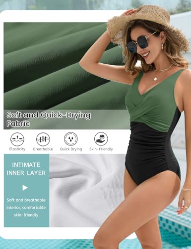 Vijamiy Badeanzug Damen Bauchweg Schlankheits Push Up Bademode V Ausschnitt Sexy Badeanzug Damen Modische Monokini Größe One Piece Swimsuits (Armeegrün+Schwarz,XL)