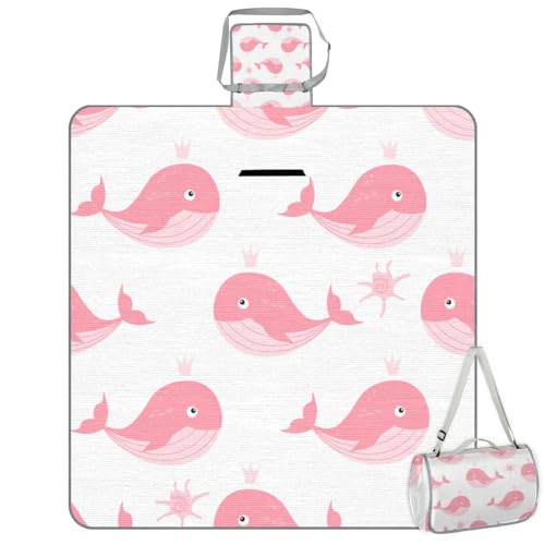 Shimoshe Picnic Blankets 57”x 59”, Pink Crown Whale Waterproof Sandproof Picnic Mat Lightweight Foldable Beach Blanket for Camping Park Grass Beach Outdoor Blanket