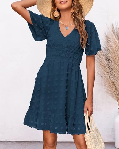 BTFBM Womens Beach Vacation Dress Summer 2025 V Neck Short Sleeve Smocked Swiss Dot Cute Ruffle Casual Fall Mini Dresses4