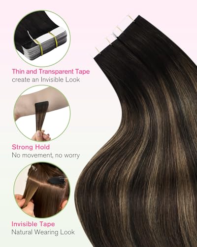 Image of YoungSee Human Hair Tape in Extensions Dark Brown Tape in Hair Extensions Balayage Dark Brown to Ash Brown Real Human Hair Tape-in Extension 16In Ombre Hair Extensios Real Human Hair Tape-in 20pcs 50g