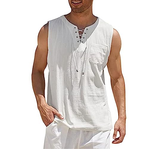 Men's Tank top Shirt Laced Cotton Linen Short-Sleeved T-Shirt Undershirt3