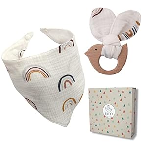 LILEJO Geschenk zur Geburt – Lätzchen und Beisring mit Grußkarte – Baby Geschenk für Mädchen und Junge- 100% Baumwolle