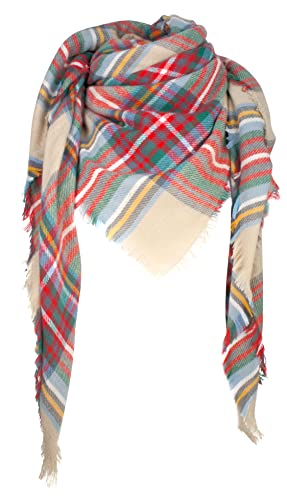 VIVIAN & VINCENT Fall Winter Scarf Classic Tassel Plaid Tartan Scarf Warm Soft Chunky Large Blanket Wrap Shawl Scarves for Women, Christmas Red Green Beige C32, One size