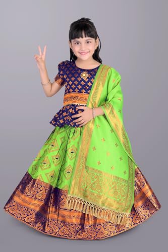 Image of Girls Pattu Pavadai Ready to Wear Lehenga, Blouse & Dupatta Set - Heavy Jacquard Fabric, Fully Stitched