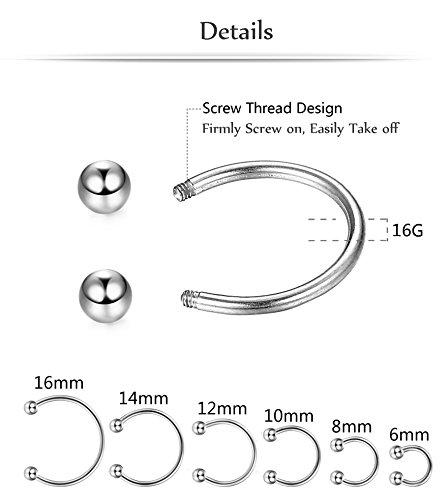 Orazio 12Pcs 14-16G Stainless Steel Nose Rings Septum Piercing Cartilage Horseshoe Earring Body Piercing 6Mm-16Mm Black And Silver Tone #TOP3