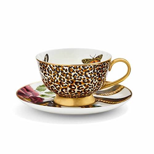 Spode Creatures Of Curiosity Collection Coupe Teacup And Saucer Set, Leopard Mug And Snake Saucer, Gold Rim, 6.7 Oz, Made Of Fine China, Specialty Coffee Drinks, Lattes, And Tea #TOP1