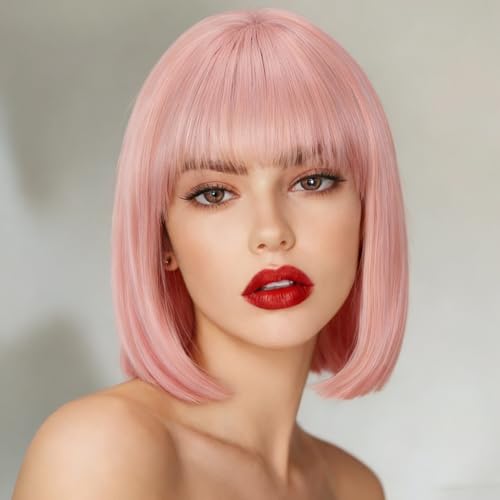 Perruque courte bob à frange rose coupe droite fluide 35 cm pour déguisement