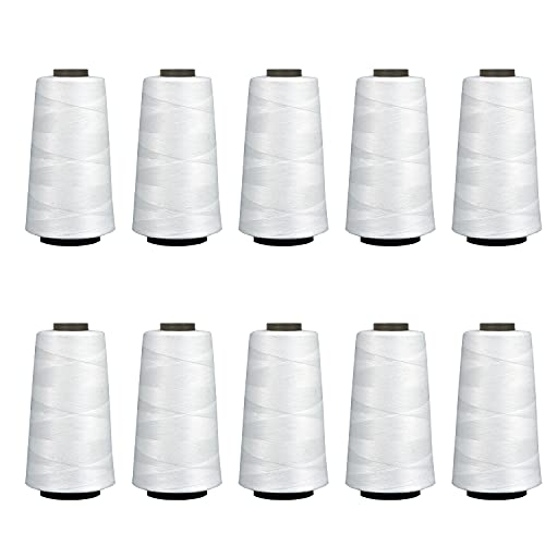 Image of KACHVI Threads Ace International Exports 3000M Overlock Polyester Sewing Thread Set Box Yarn Spools Cone White (Pack of 10 Spools)