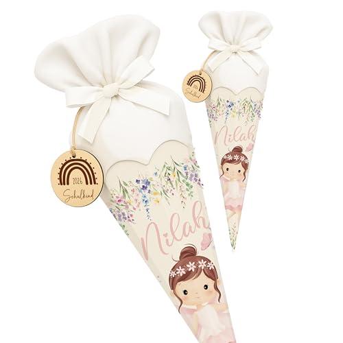 Kidsmood Schultüte personalisiert mit Namen Mädchen-Beige Hochwertiges Bastelset inkl. Rohling Stoff & Holzschild für Einschulung 2026 mit zartem Beige Design Zuckertüte Geschenk Mädchen