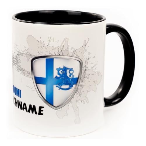 Finnland Tasse mit Name personalisiert Suomi Finland Wappen finnische Flagge Fahne Souvenirs Fanartikel Suomen cup lippu 2026 Deko Becher Geschenk Mann Frau Geburtstag Fussball Produkte Keramik 330 ml