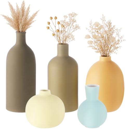 5 Pcs Ceramic Vase Set, Matte Morandi Shades Decorative Flower Vases, Modern Bohemian and Farmhouse Style, Suitable for Living Room, Entryway, Mantel and Tabletop Home Ornament Display